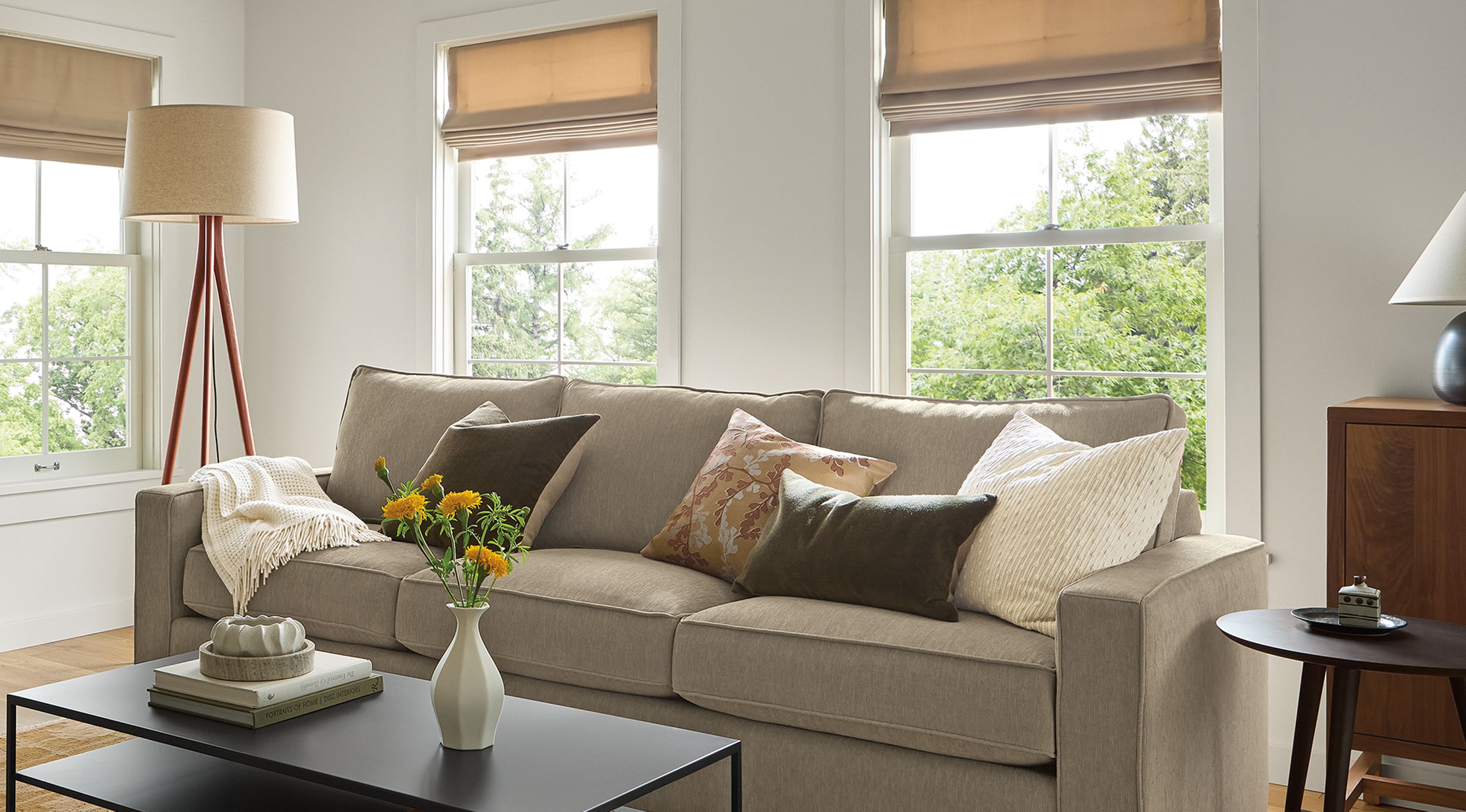 Living room with York 98-wide sofa in Crawford Putty, 2 Humphrey chairs in Prescott Natural and slim coffee table in natural.