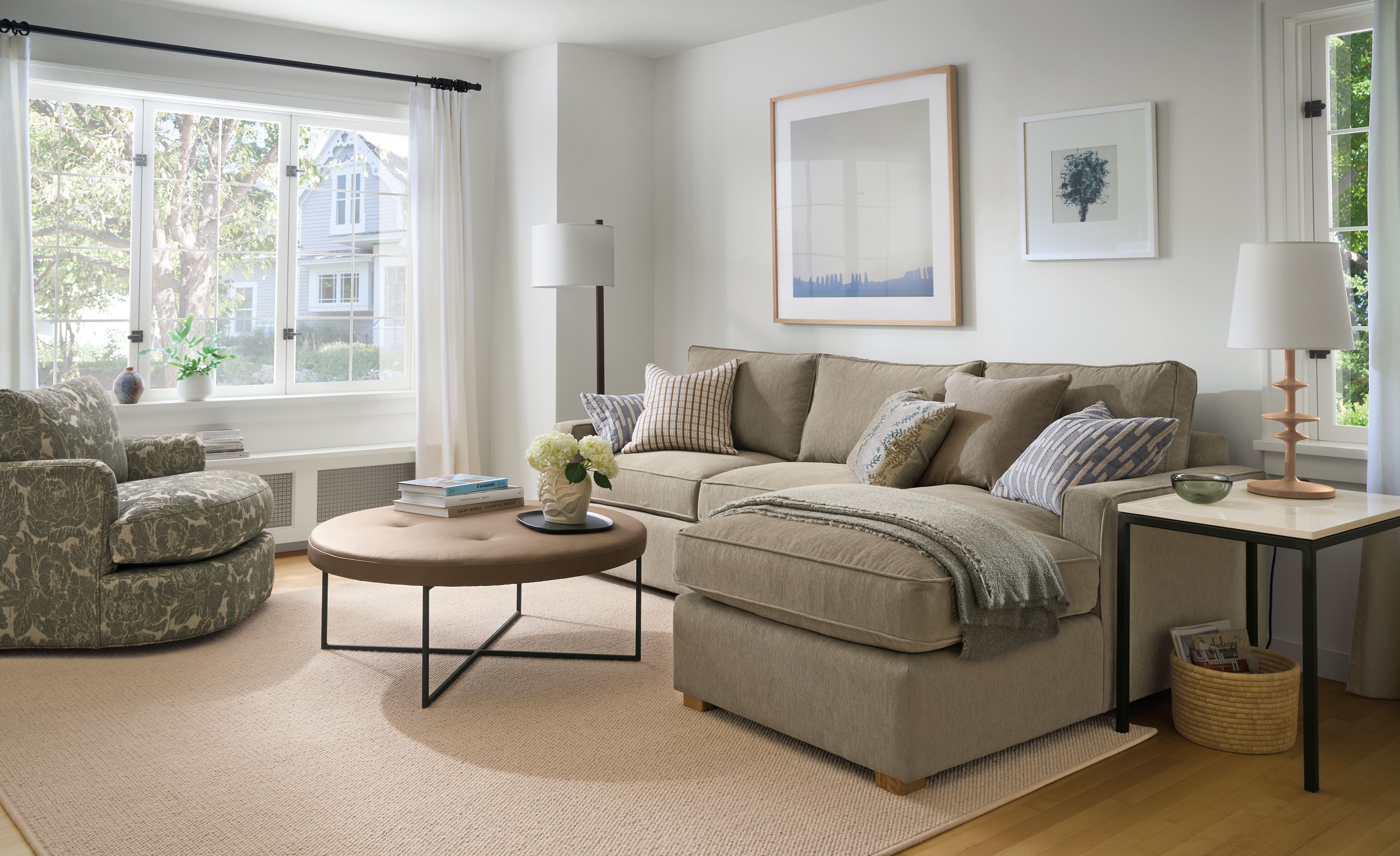 105" sofa with right-arm chaise in Crawford putty fabric