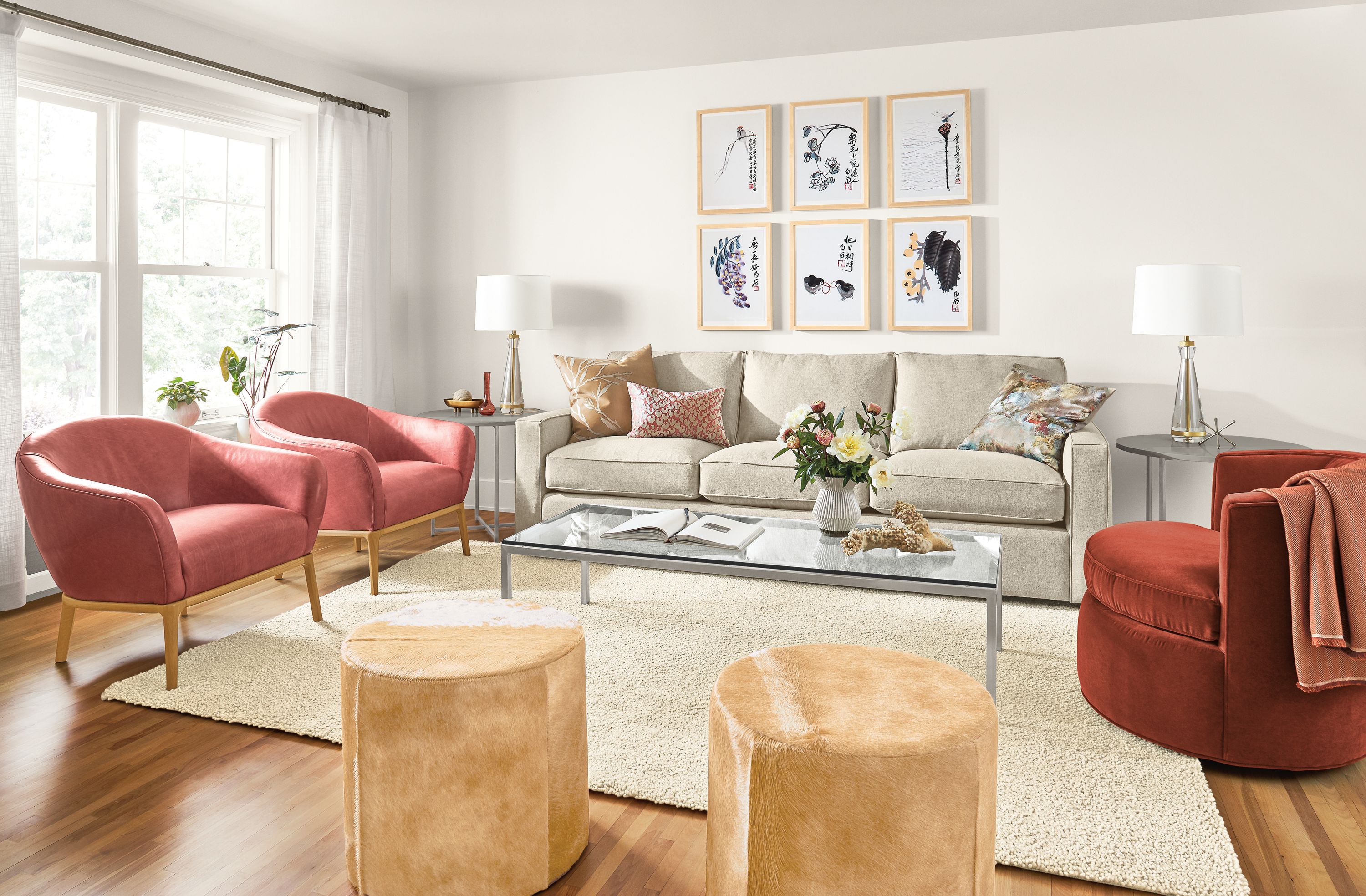 Detail of York sofa with Sadie chairs, Otis swivel chair and Qi Baishi wall art.