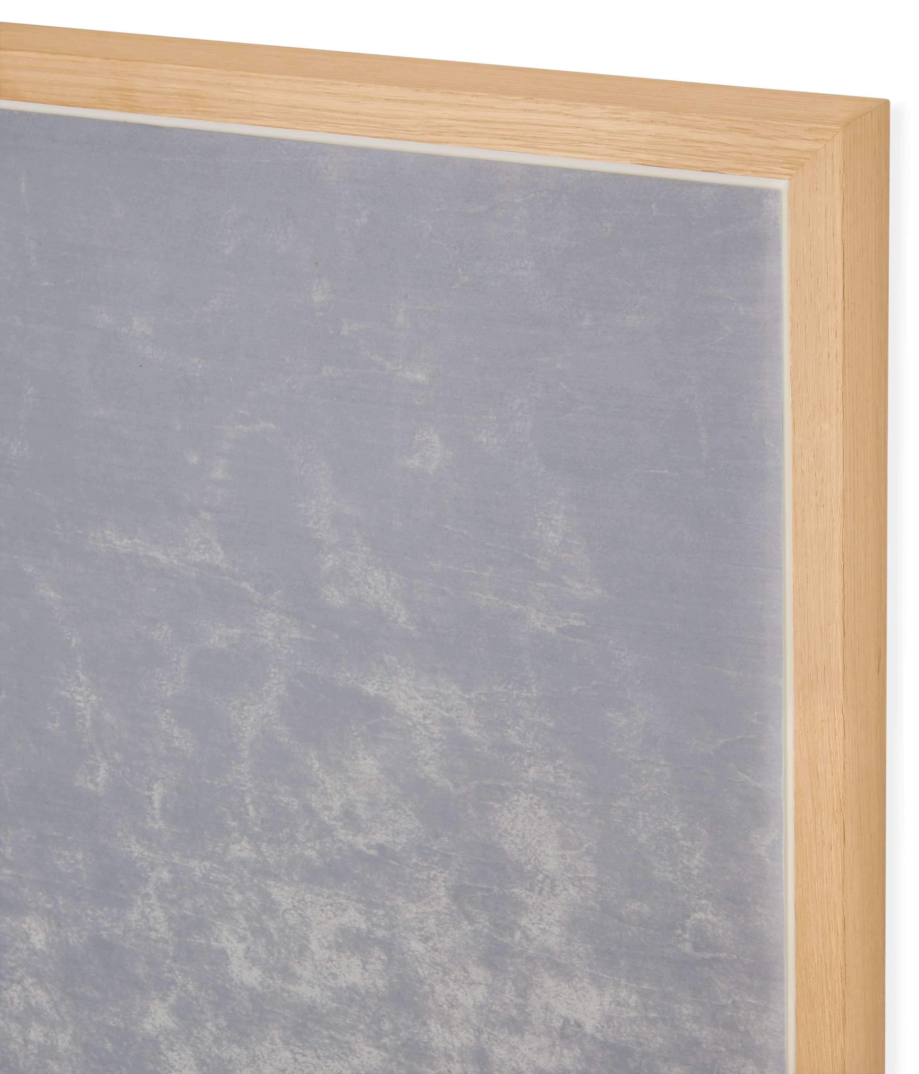 Detail of white oak frame corner on 2025 limited edition artwork, north sea cloudy morning by ayomi yoshida.